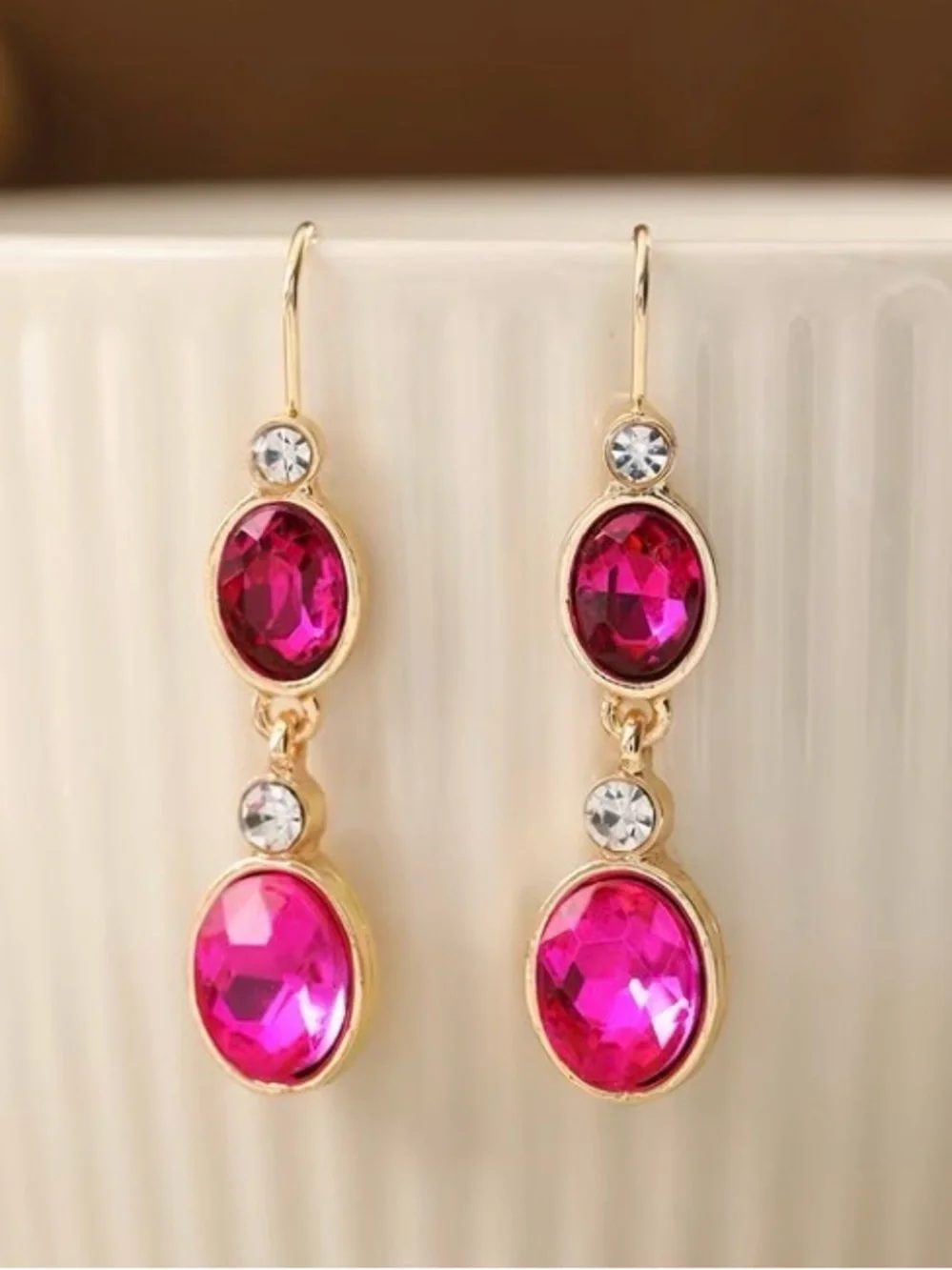 Gold-Tone Pink Drop Earrings with Faceted Pink Stones